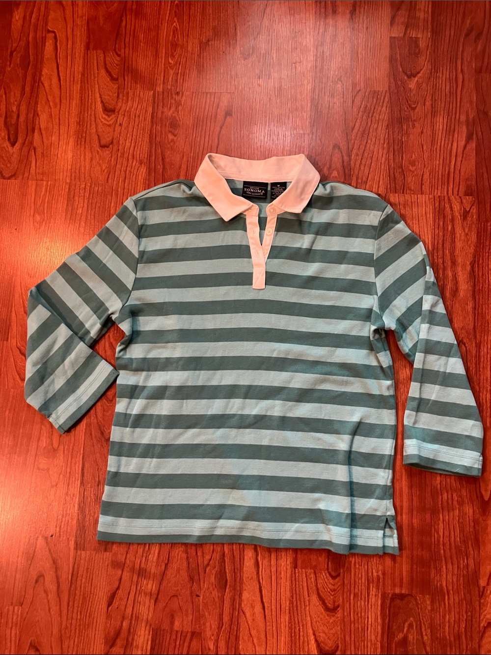 Sonoma Women’s Striped Teal & Light Aqua Rugby Polo with White Collar
